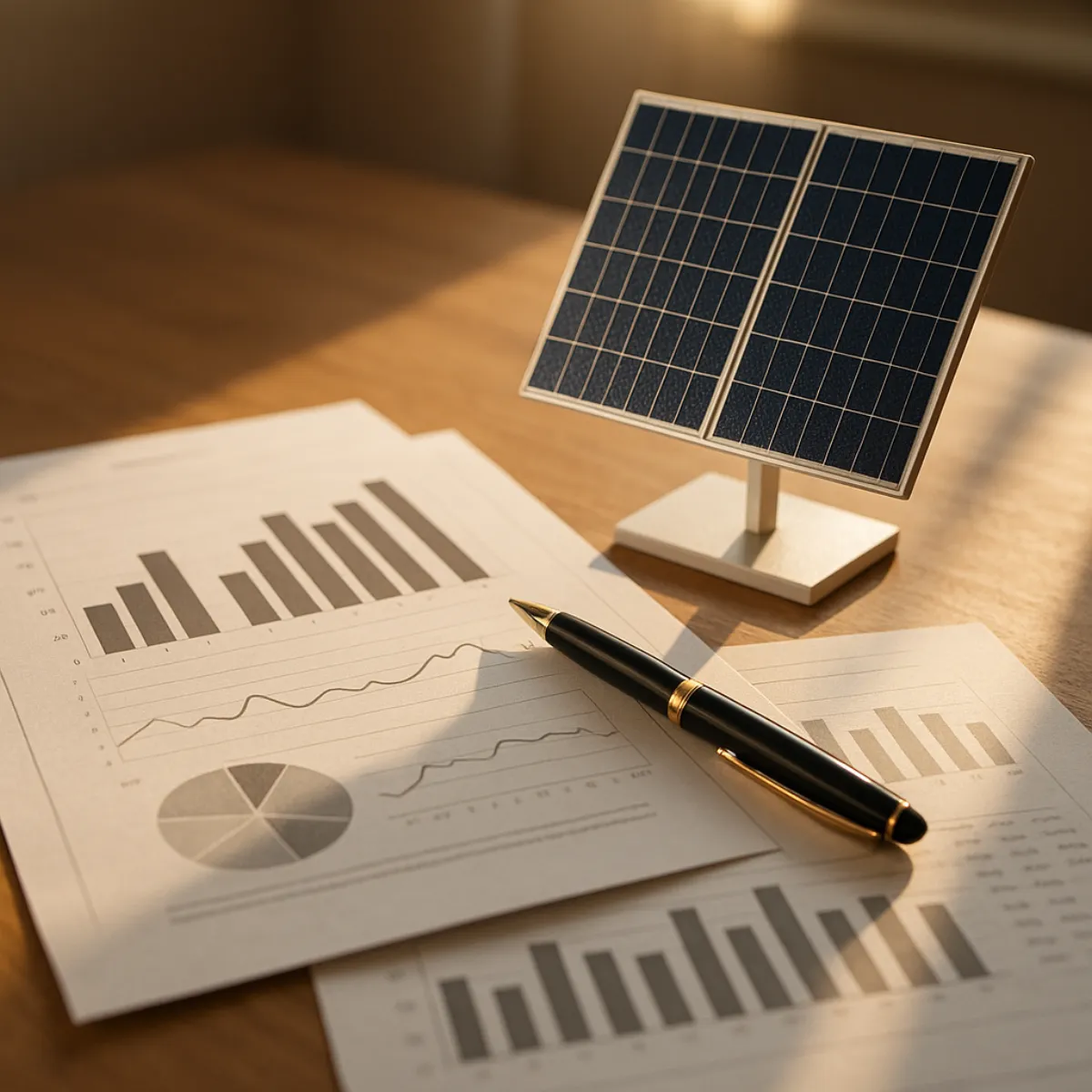 Printed pages covered in bar, line and pie charts on a wooden desk, a pen resting across them, beside a small solar panel mounted on a stand