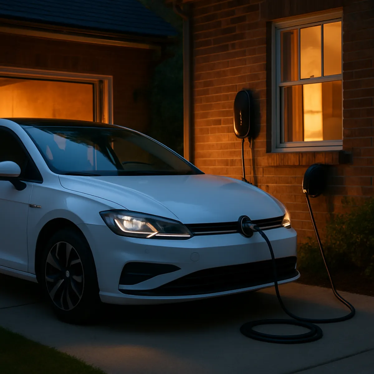 A white car parked in a driveway at dusk, plugged into a charger mounted on the house wall, with warm light glowing from the garage and a window