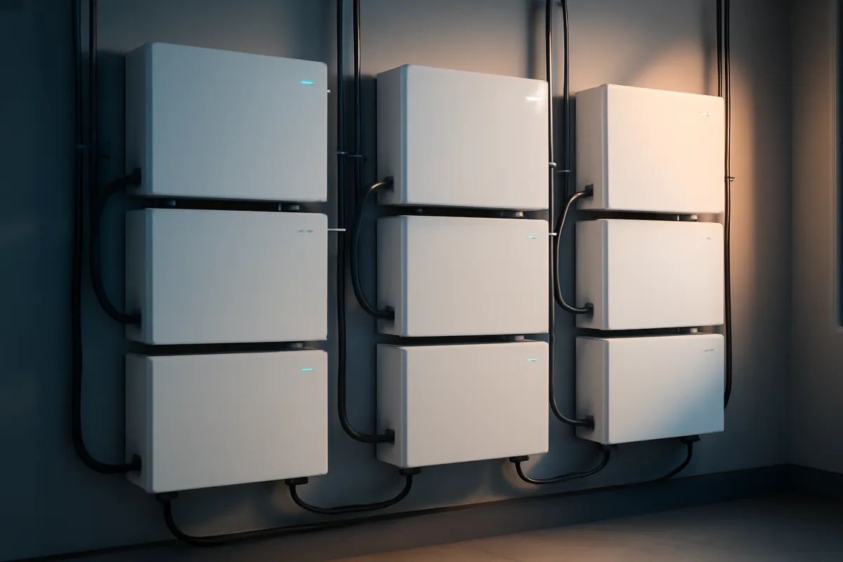Three columns of stacked modular home battery units, each column three modules tall, mounted on an interior wall with cabling running between them