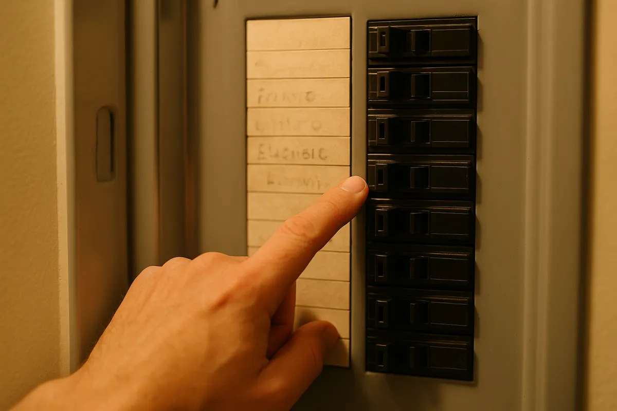 A hand pointing at one breaker in an open residential electrical panel, with a column of black breaker switches beside a handwritten circuit directory
