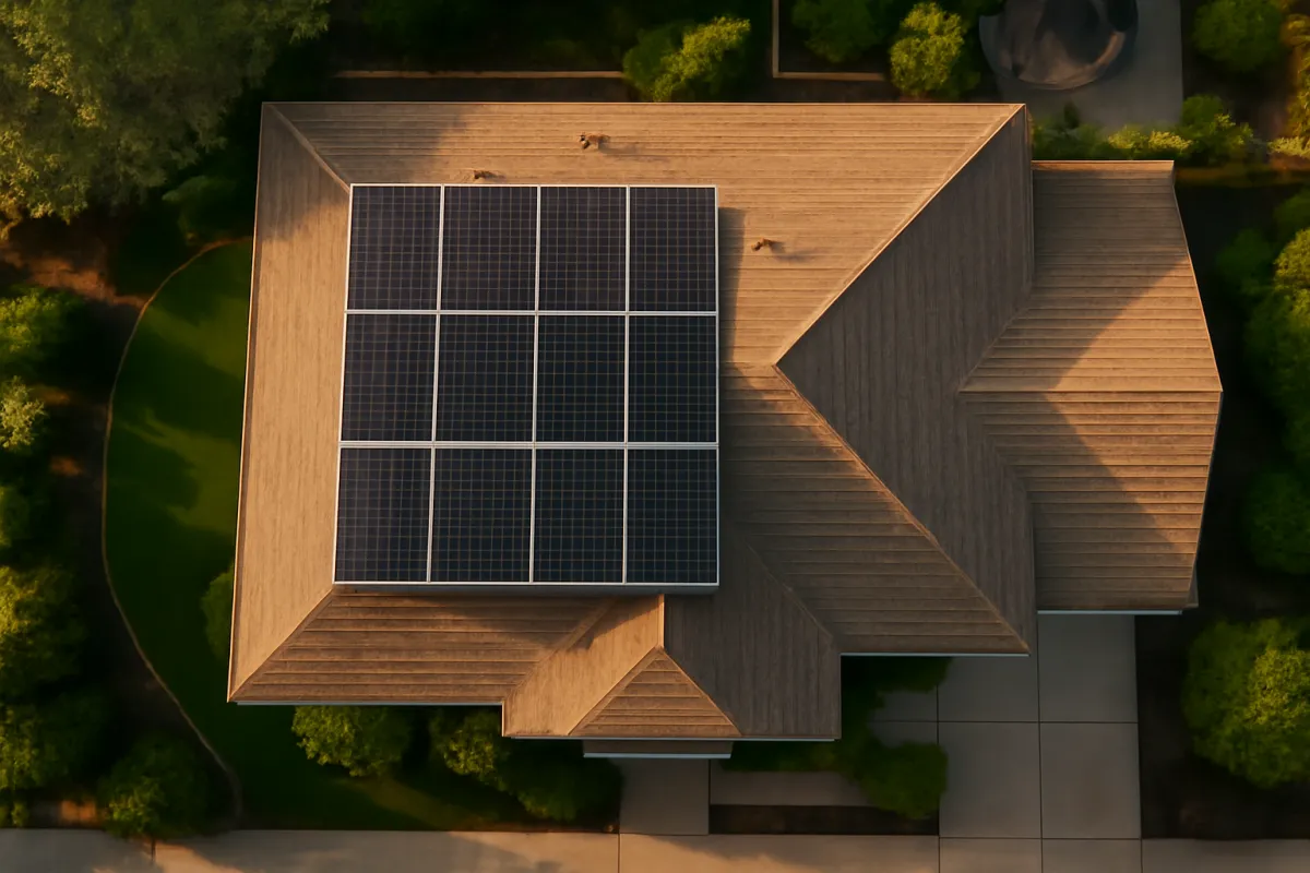 An aerial view of a house roof with a rectangular block of solar panels occupying one section, surrounded by a large expanse of bare roof, trees, and a paved yard