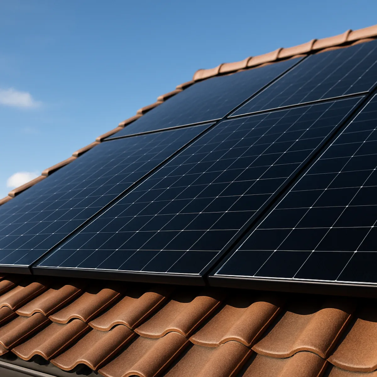 Close-up of dark solar panels mounted on a terracotta tile roof under a clear blue sky, with no installer or equipment visible in frame