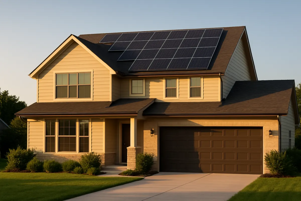 Home with rooftop solar panels at golden hour, suburban street